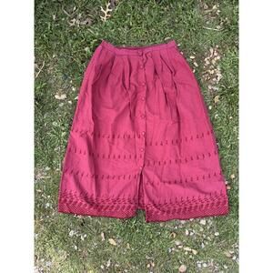 Vintage Burgundy Button-Front Midi Skirt with Embroidery